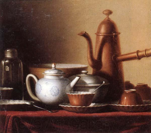 unknow artist Still life of a chocolate pot,teapot,sucrier,bowl,teajar,tea cups and saucers,and silver spoons,all upon a draped table top Spain oil painting art